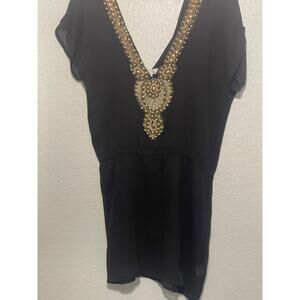 Solitaire Black Convertible Swim Cover-Up – Gold Beaded Neck Detail – Size M